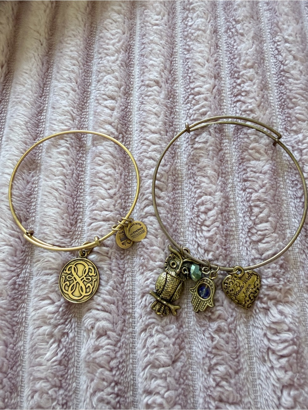Alex and Ani Gold Tone Charm Bangle Bracelets with Owl, Hamsa & Heart